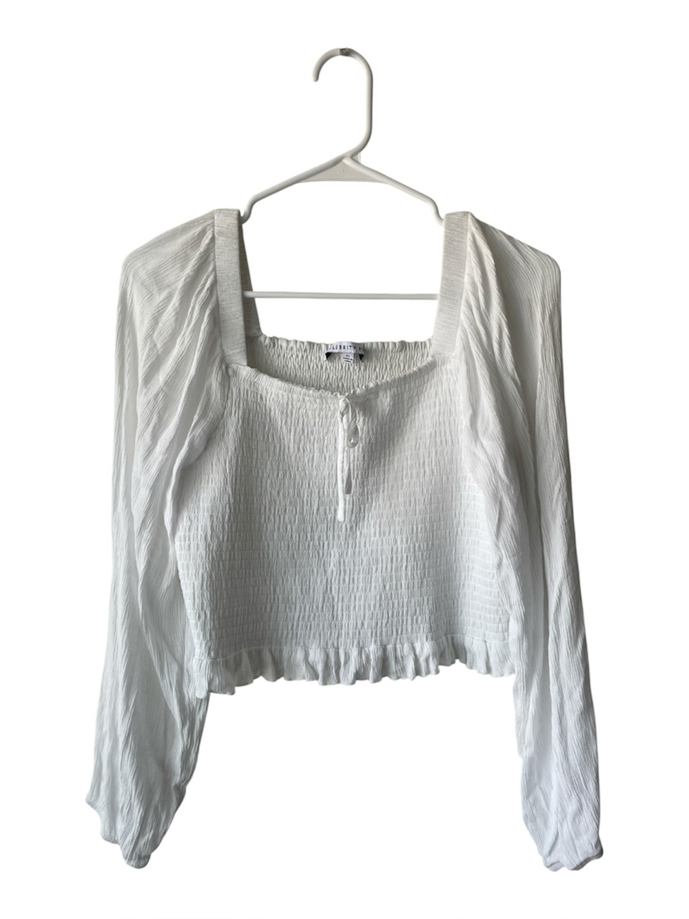 Celebrity Pink White Smocked Long-Sleeve Square-Neck Crop Top